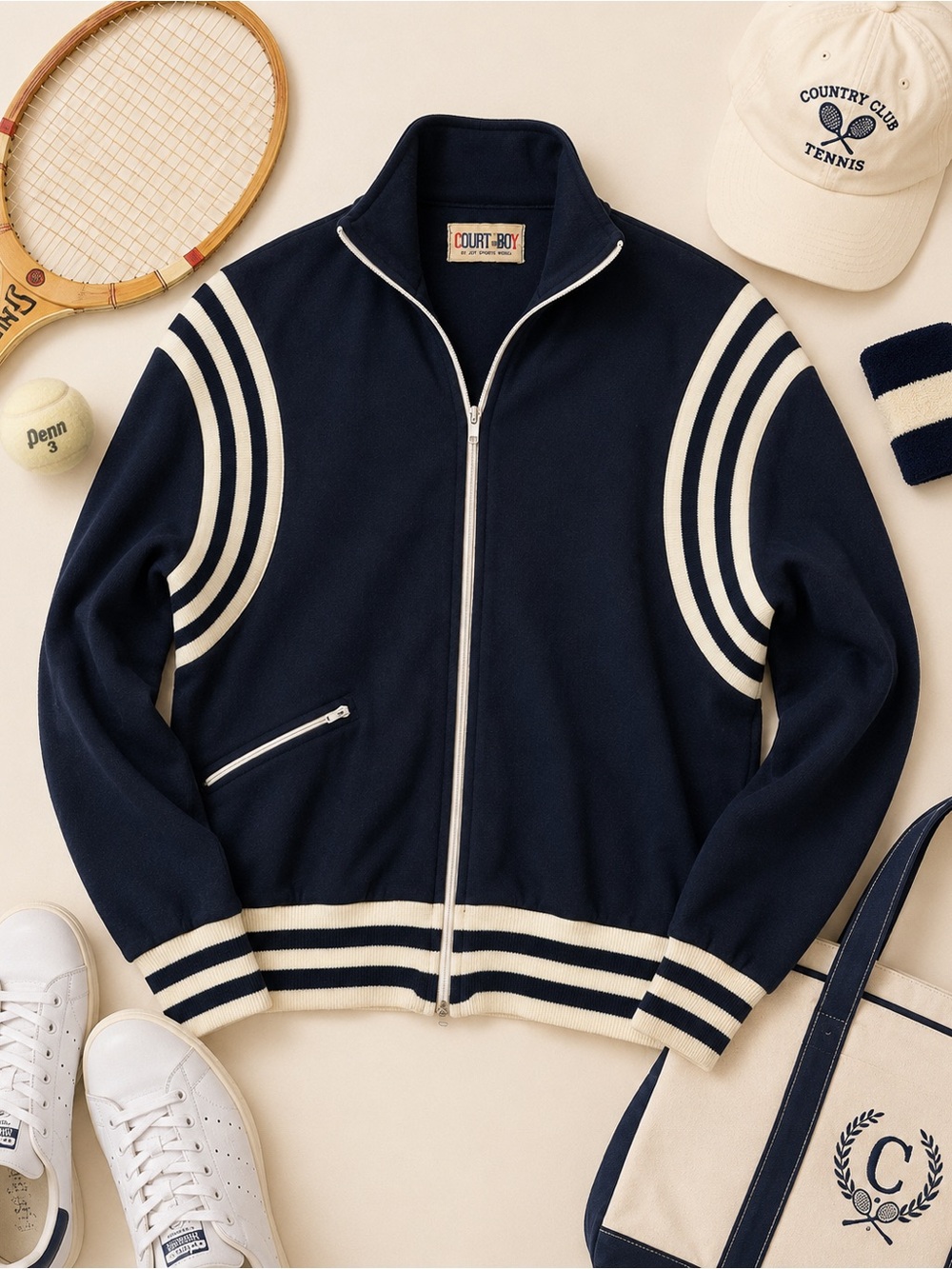 Vintage Court Boy Joy Sports World Track Jacket Navy Cream Striped